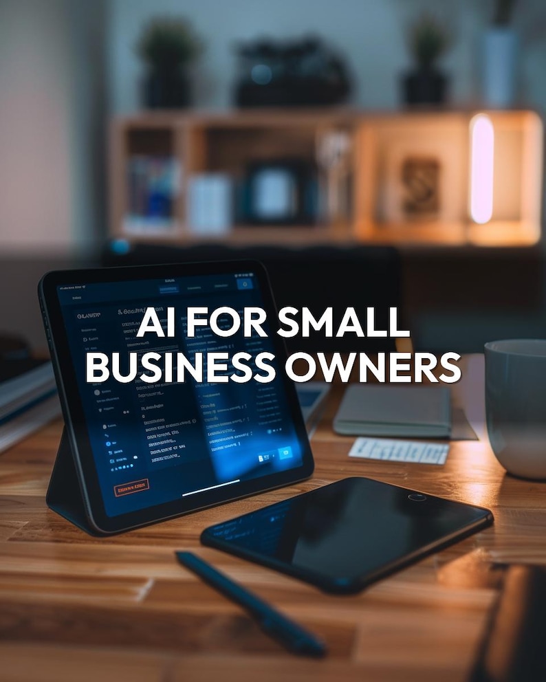 May include: A tablet displaying data, propped up on a stand, with the text "AI FOR SMALL BUSINESS OWNERS" in white. A smartphone, stylus, and mug are on a wooden surface. The background includes a shelf with plants.