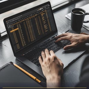 Puede incluir: Una persona usa una computadora port&aacute;til que muestra una hoja de c&aacute;lculo. La pantalla muestra datos organizados en filas y columnas. Una taza de caf&eacute; negra y un bloc de notas con un l&aacute;piz est&aacute;n sobre el escritorio. El texto en la pantalla dice "FINANCIAL OS #02" y "Monthly Master Budget".