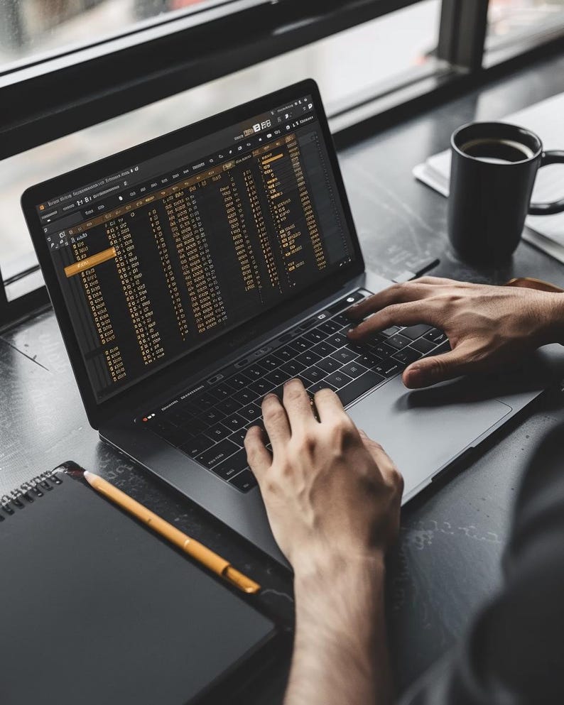 Puede incluir: Un port&aacute;til con una hoja de c&aacute;lculo en la pantalla. Manos tecleando en el teclado. Una taza de caf&eacute; negra y un bloc de notas con un l&aacute;piz est&aacute;n sobre la mesa. La escena se desarrolla cerca de una ventana.