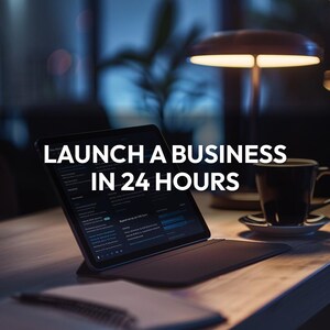 May include: A tablet with a keyboard case sits on a wooden desk, displaying a website. The text "LAUNCH A BUSINESS IN 24 HOURS" is above the tablet. A coffee cup and lamp are also on the desk, with a blurred background.