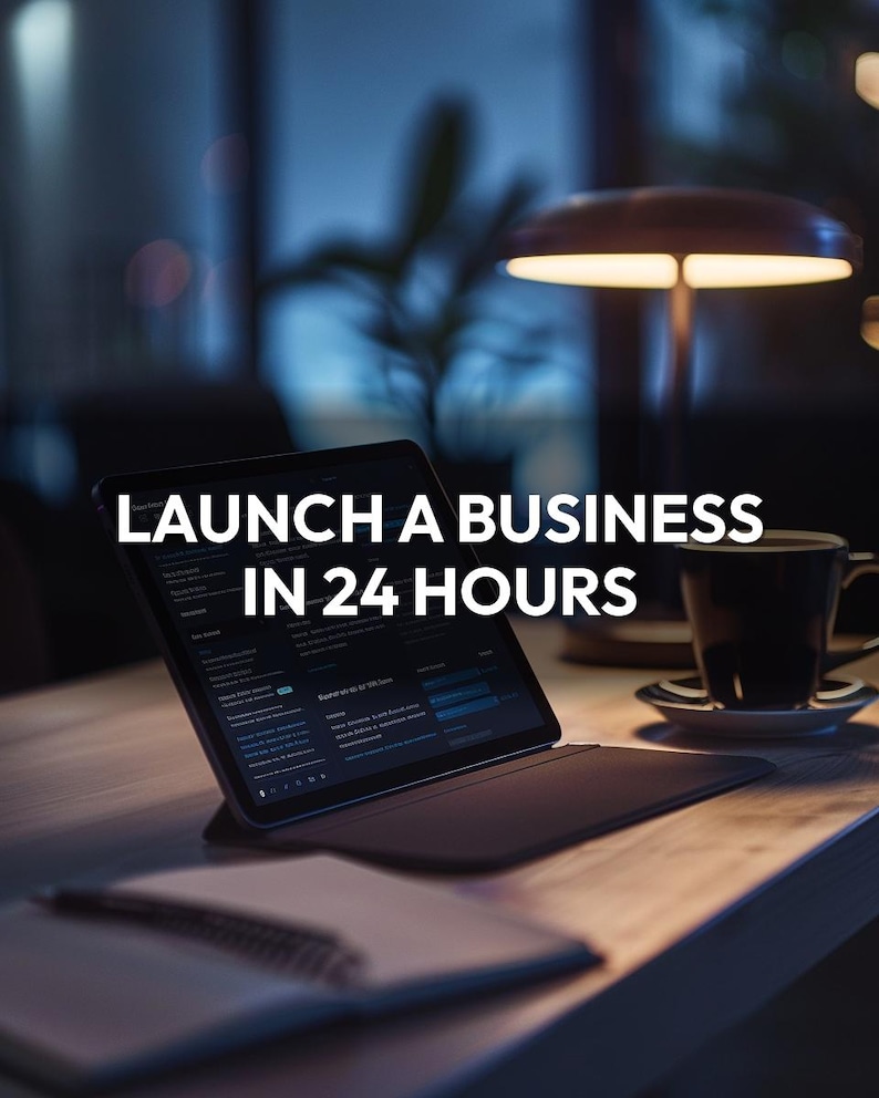 May include: A tablet with a keyboard case sits on a wooden desk, displaying a website. The text "LAUNCH A BUSINESS IN 24 HOURS" is above the tablet. A coffee cup and lamp are also on the desk, with a blurred background.