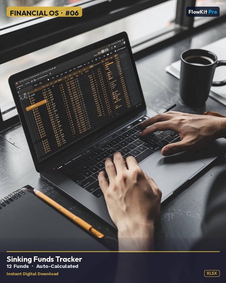 May include: A laptop displaying a financial spreadsheet is open on a dark desk. The text "FINANCIAL OS #06" is at the top left. A black mug of coffee and a notepad with a pencil are also on the desk. The image includes the text "Sinking Funds Tracker".