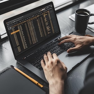 May include: A person using a laptop with a spreadsheet open on the screen. A black coffee mug and a notepad with a pencil are on the table. The laptop is open, and the person's hands are on the keyboard.