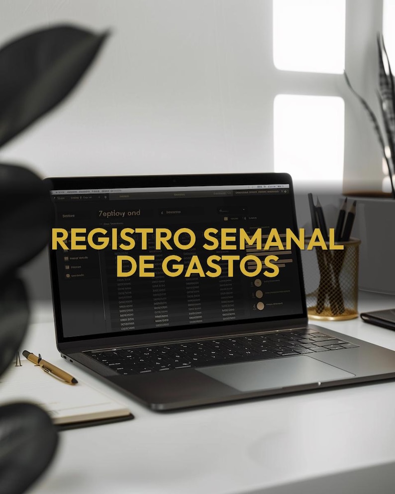 Puede incluir: Un port&aacute;til muestra una hoja de c&aacute;lculo financiera con el texto "REGISTRO SEMANAL DE GASTOS" en dorado. Un bol&iacute;grafo y un bloc de notas dorados est&aacute;n sobre el escritorio blanco. Un portal&aacute;pices dorado y una planta en el fondo.