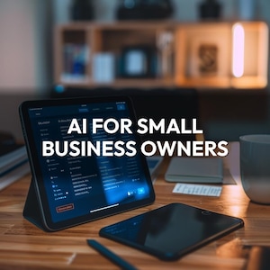 May include: A tablet displaying data, propped up on a stand, with the text "AI FOR SMALL BUSINESS OWNERS" in white. A smartphone, stylus, and mug are on a wooden surface. The background includes a shelf with plants.