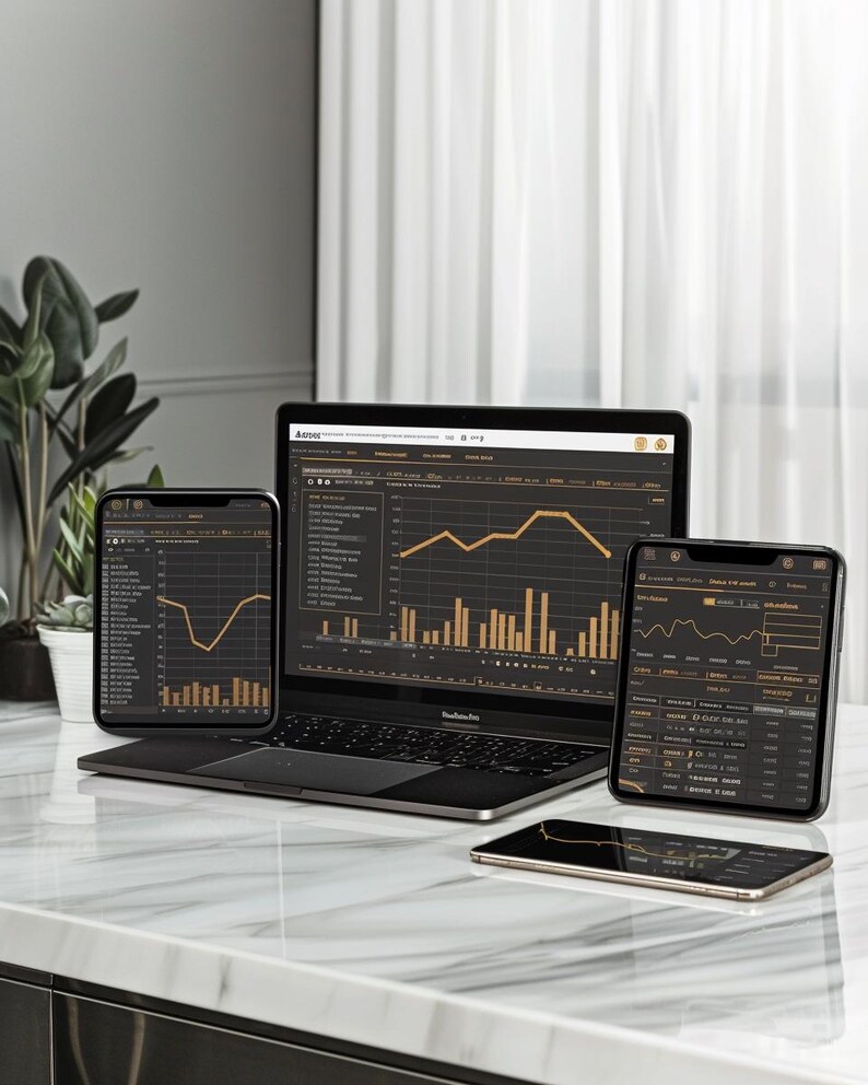 May include: A laptop, two smartphones, and a tablet displaying financial data charts. The screens show gold-colored graphs and data against a black background. The devices are arranged on a white marble surface.