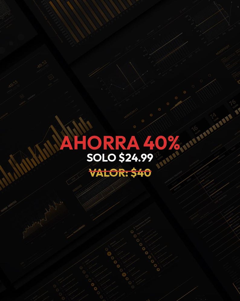 May include: Dark background with data charts and graphs. Red text reads "AHORRA 40%" and "SOLO $24.99". Additional text includes "VALOR: $40". The image displays a business or financial theme.