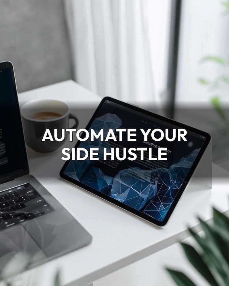 May include: A laptop, tablet, and coffee cup sit on a white desk. The tablet displays a blue and white geometric design with the text "AUTOMATE YOUR SIDE HUSTLE". The laptop is open, and a plant is in the foreground.