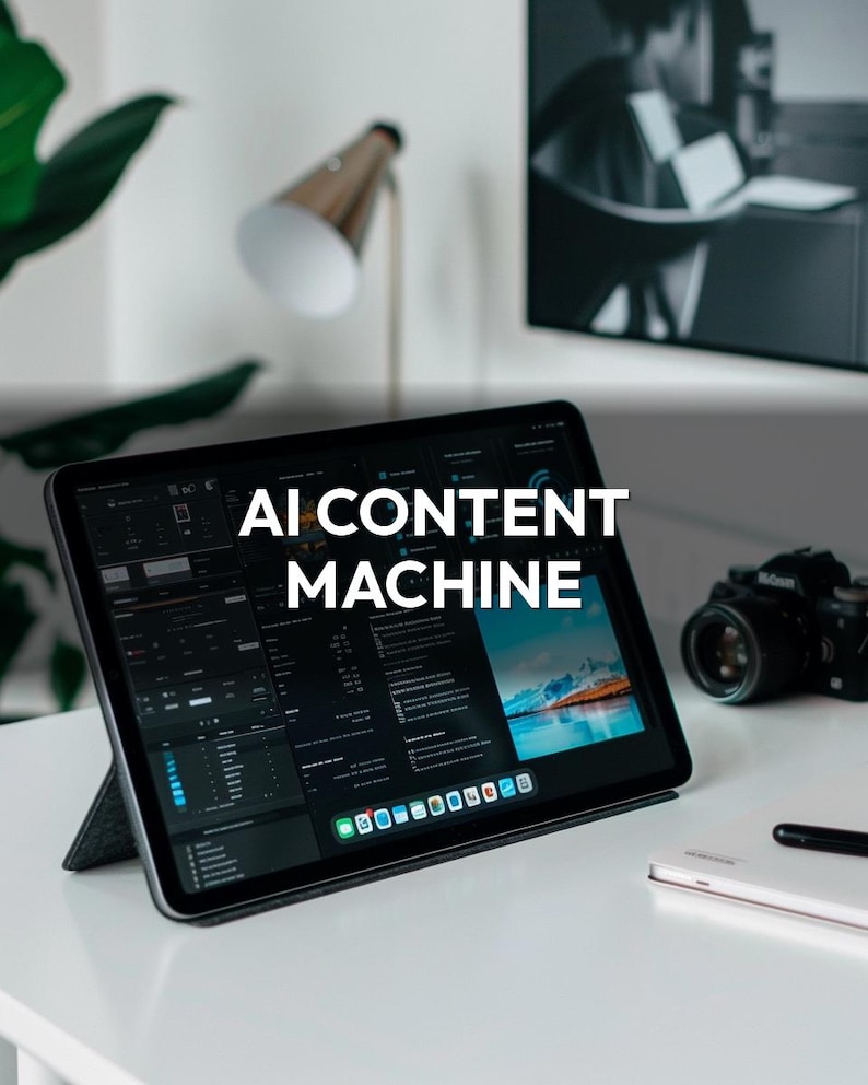 May include: A black tablet displaying a complex interface, propped up on a stand. The screen shows a dark-themed user interface with the text "AI CONTENT MACHINE" in white. A camera, notebook, and pen are on the white surface.
