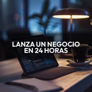 May include: A tablet with a keyboard case sits on a wooden desk, displaying a website. A notepad and pen are in the foreground. A black coffee cup and a lamp are in the background. The text "LANZA UN NEGOCIO EN 24 HORAS" is displayed on the screen.