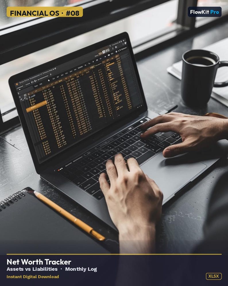 May include: A laptop displaying a financial spreadsheet with the text "FINANCIAL OS #08" at the top. The image includes a black mug, a notebook, and a pencil. The bottom of the image reads "Net Worth Tracker" and "Instant Digital Download."