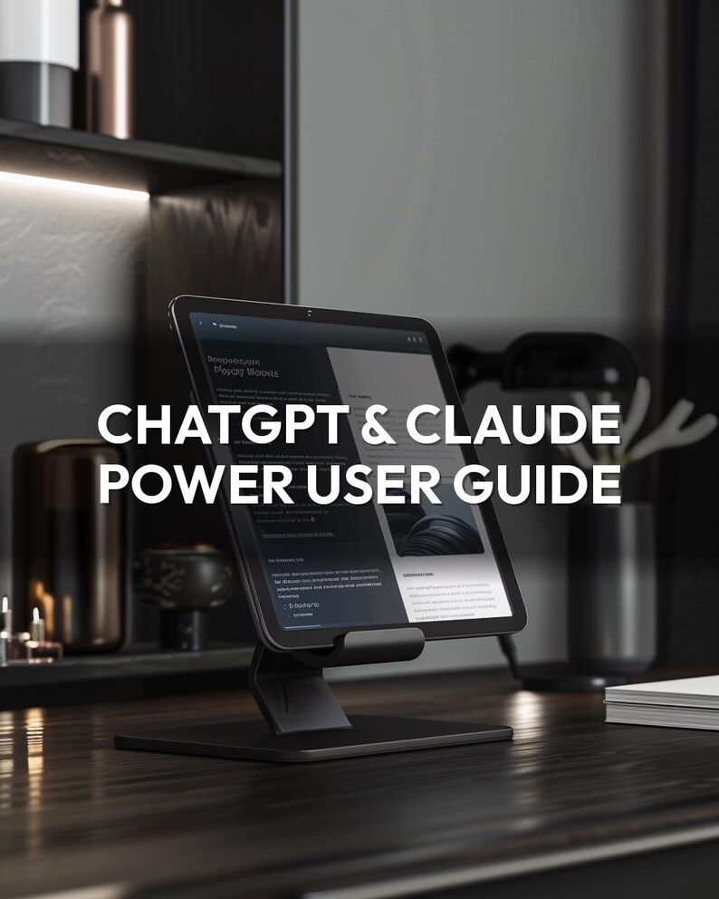 May include: A black tablet on a black stand, displaying a webpage. The text "ChatGPT & Claude Power User Guide" is prominently displayed in white. The background includes a dark wooden surface and decorative items.
