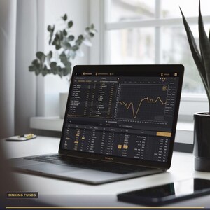 May include: A laptop displaying a financial dashboard with a line graph and data tables. The screen shows the text "FINANCIAL OS #06" and "Sinking Funds Tracker". A smartphone and a plant are on the desk. The image is well-lit and professional.