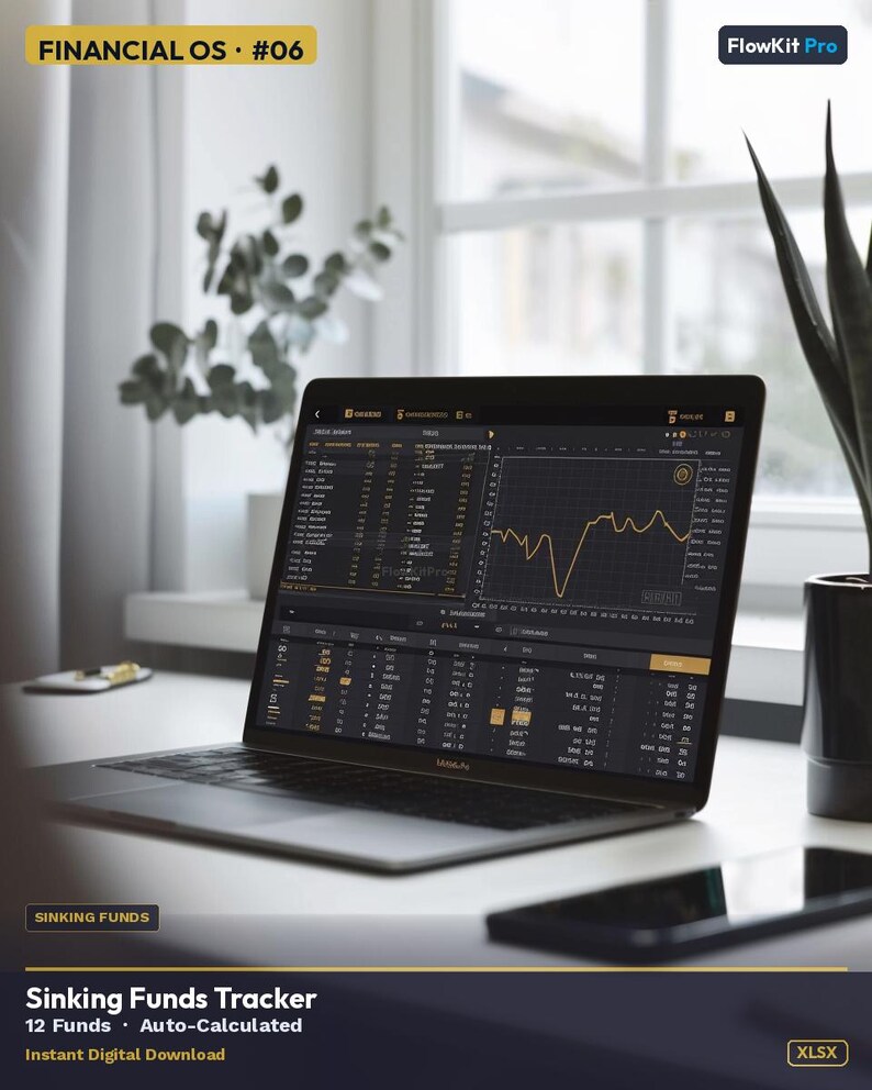 May include: A laptop displaying a financial dashboard with a line graph and data tables. The screen shows the text "FINANCIAL OS #06" and "Sinking Funds Tracker". A smartphone and a plant are on the desk. The image is well-lit and professional.