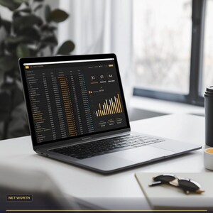 May include: A laptop displaying a financial dashboard with the text "FINANCIAL OS #08" and "Net Worth Tracker." The screen shows data visualizations and numerical information. Other items on the white desk include a coffee cup, sunglasses, and a notebook.
