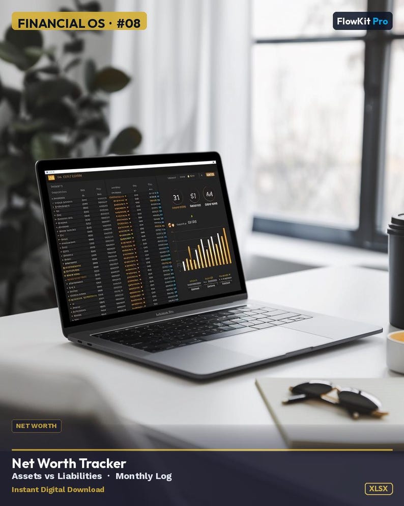 May include: A laptop displaying a financial dashboard with the text "FINANCIAL OS #08" and "Net Worth Tracker." The screen shows data visualizations and numerical information. Other items on the white desk include a coffee cup, sunglasses, and a notebook.