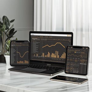 May include: A laptop, two smartphones, and a tablet displaying financial data charts. The screens show gold-colored graphs and data against a black background. The devices are arranged on a white marble surface.