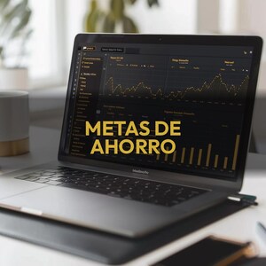 May include: A silver MacBook Pro laptop displaying a financial data chart with yellow text that reads "METAS DE AHORRO". A black smartphone rests on the table next to the laptop. A white mug and a plant are visible in the background.