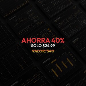 May include: A dark, angled overhead shot of multiple digital screens displaying financial data charts and graphs. The screens are black with yellow and white data visualizations. Text in red and white reads "AHORRA 40%" and "SOLO $24.99".