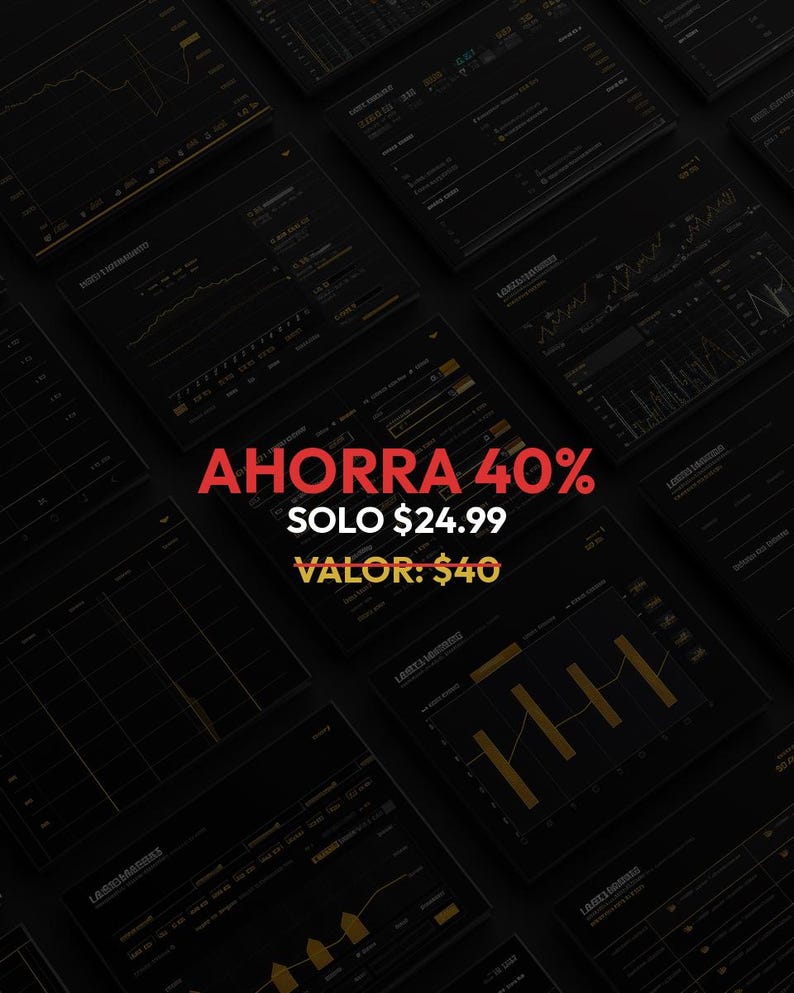 May include: A dark, angled overhead shot of multiple digital screens displaying financial data charts and graphs. The screens are black with yellow and white data visualizations. Text in red and white reads "AHORRA 40%" and "SOLO $24.99".