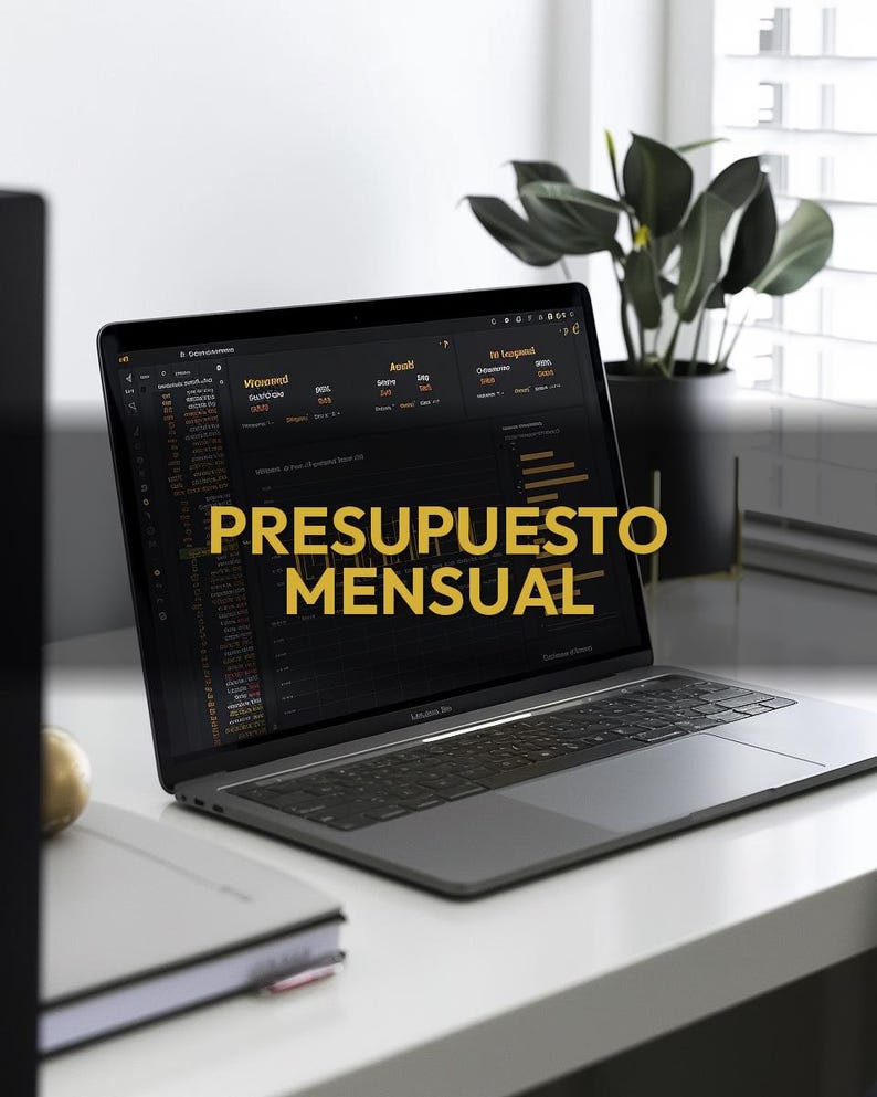 May include: A gray laptop displaying financial data with the text "PRESUPUESTO MENSUAL" in gold. The laptop is on a white desk with a notebook and a plant in a black pot in the background.
