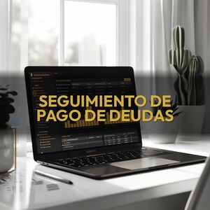 May include: A black laptop displaying financial data with the text "SEGUIMIENTO DE PAGO DE DEUDAS" in gold. A silver pen rests on the white desk. A cactus and other plants are in the background near a window.