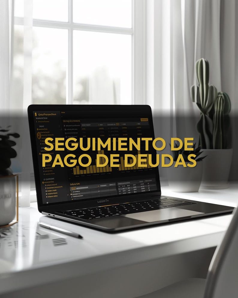 May include: A black laptop displaying financial data with the text "SEGUIMIENTO DE PAGO DE DEUDAS" in gold. A silver pen rests on the white desk. A cactus and other plants are in the background near a window.