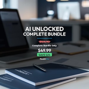 May include: A stack of two navy blue notebooks with a silver pen on top. The text "AI UNLOCKED COMPLETE BUNDLE" is displayed above the price. A laptop and computer monitor are visible in the background.