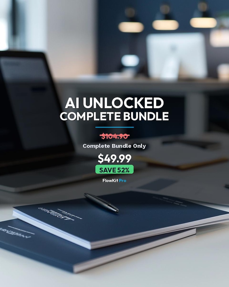 May include: A stack of two navy blue notebooks with a silver pen on top. The text "AI UNLOCKED COMPLETE BUNDLE" is displayed above the price. A laptop and computer monitor are visible in the background.
