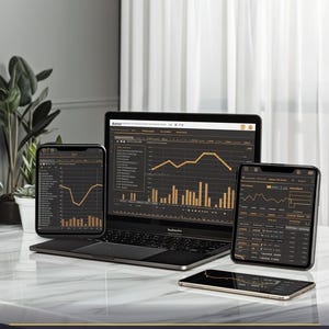 May include: A laptop, two smartphones, and a tablet displaying financial data. The screens show graphs and numerical data in a dark theme. The text "FINANCIAL OS #06" and "Sinking Funds Tracker" are visible. The image is of a digital product.