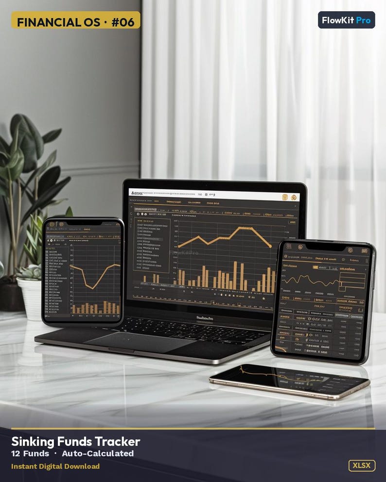 May include: A laptop, two smartphones, and a tablet displaying financial data. The screens show graphs and numerical data in a dark theme. The text "FINANCIAL OS #06" and "Sinking Funds Tracker" are visible. The image is of a digital product.