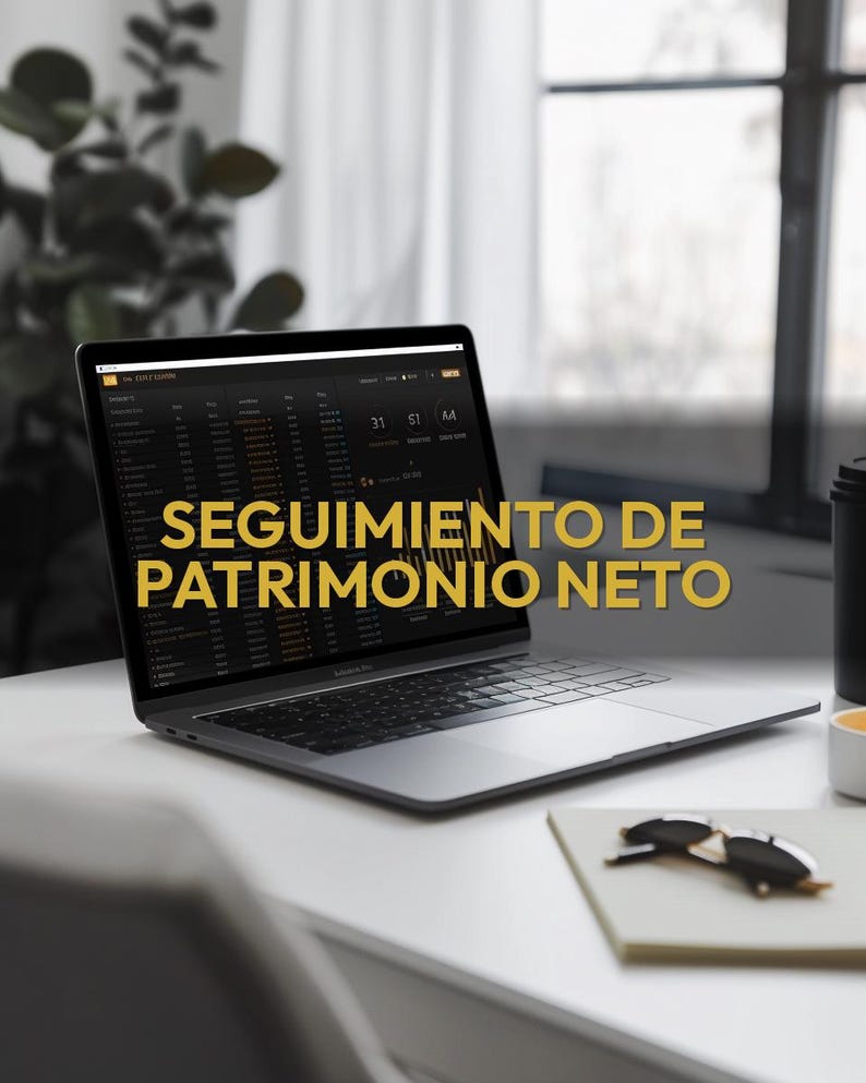 May include: A laptop displaying financial data with the text "SEGUIMIENTO DE PATRIMONIO NETO" in yellow. The laptop sits on a white desk next to a notebook, sunglasses, and a coffee cup. A plant is visible in the background.