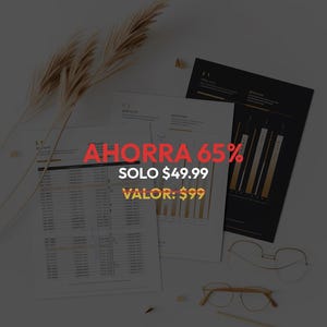 May include: A still-life composition featuring business documents, eyeglasses, and decorative elements. The documents include charts and spreadsheets. The text "AHORRA 65%" is visible. The scene is set on a white surface, with a neutral background.