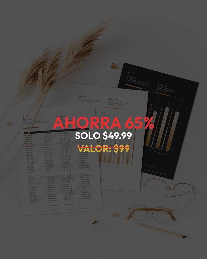 May include: A still-life composition featuring business documents, eyeglasses, and decorative elements. The documents include charts and spreadsheets. The text "AHORRA 65%" is visible. The scene is set on a white surface, with a neutral background.
