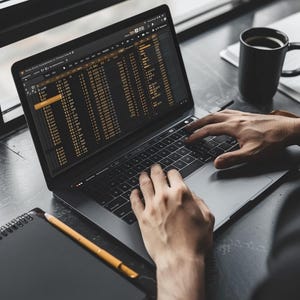 May include: A person using a laptop with a spreadsheet open on the screen. A black coffee mug and a notepad with a pencil are on the table. The laptop is open, and the person's hands are on the keyboard.