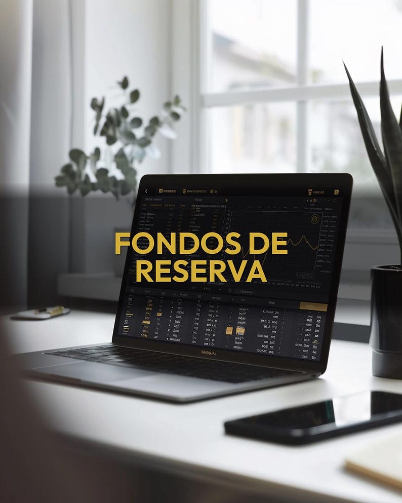 May include: A laptop displaying financial data with the text "FONDOS DE RESERVA" in gold. The laptop is open on a white desk, with a smartphone and a plant in the background. The screen shows charts and numbers.