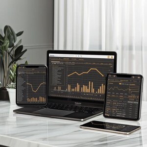 May include: A laptop, two smartphones, and a tablet displaying financial data charts. The screens show gold-colored graphs and data against a black background. The devices are arranged on a white marble surface.