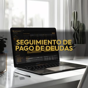 May include: A black laptop displaying financial data with the text "SEGUIMIENTO DE PAGO DE DEUDAS" in gold. The laptop sits on a white desk next to a pen and a potted plant, with a window and curtains in the background.