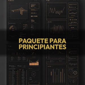 Puede incluir: Cuatro pantallas de interfaz digital oscuras con visualizaciones de datos y texto dorados. Las pantallas muestran gr&aacute;ficos, diagramas y datos num&eacute;ricos. El texto "PAQUETE PARA PRINCIPIANTES" est&aacute; en letras doradas en el centro.
