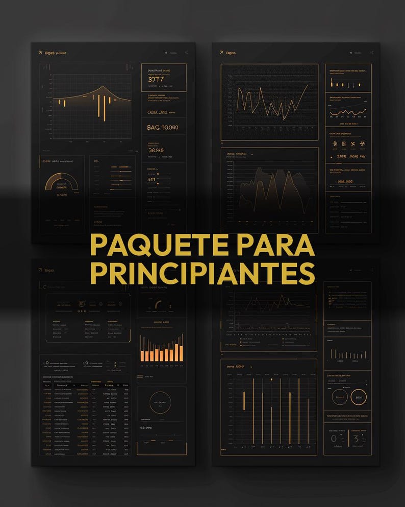 Puede incluir: Cuatro pantallas de interfaz digital oscuras con visualizaciones de datos y texto dorados. Las pantallas muestran gr&aacute;ficos, diagramas y datos num&eacute;ricos. El texto "PAQUETE PARA PRINCIPIANTES" est&aacute; en letras doradas en el centro.