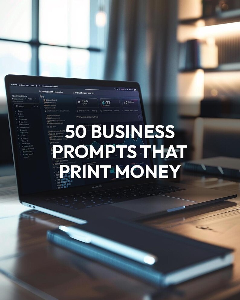 May include: A laptop displaying a financial dashboard sits on a wooden desk, next to a closed notebook and stylus. The text "50 BUSINESS PROMPTS THAT PRINT MONEY" is overlaid on the image. The scene is well-lit, suggesting a modern office environment.