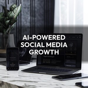 May include: A modern workspace featuring a laptop, smartphone, and tablet, all displaying dark interfaces. The text "AI-POWERED SOCIAL MEDIA GROWTH" is prominently displayed. A potted plant adds a touch of greenery to the scene.