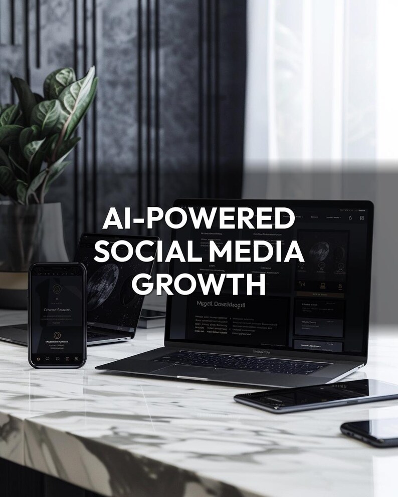 May include: A modern workspace featuring a laptop, smartphone, and tablet, all displaying dark interfaces. The text "AI-POWERED SOCIAL MEDIA GROWTH" is prominently displayed. A potted plant adds a touch of greenery to the scene.