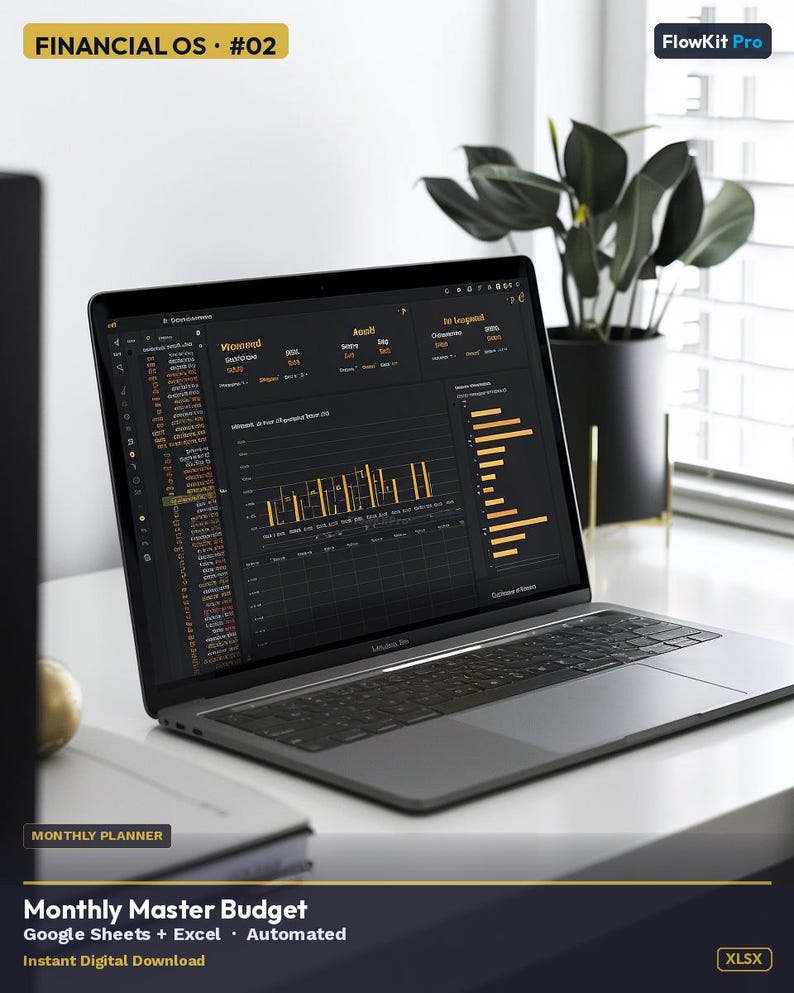 Puede incluir: Un port&aacute;til que muestra un panel financiero con gr&aacute;ficos y datos. La pantalla muestra el texto "Monthly Master Budget" y "Google Sheets + Excel + Automated". El port&aacute;til est&aacute; sobre una superficie blanca con una planta en el fondo. En la esquina superior izquierda pone "FINANCIAL OS #02".