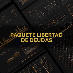 May include: A dark, angled composition featuring multiple screens displaying financial data visualizations in gold and white against a black background. The text "PAQUETE LIBERTAD DE DEUDAS" is prominently displayed in gold.