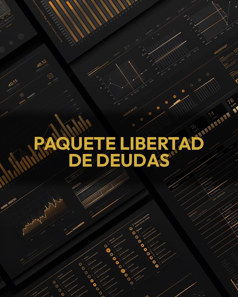 May include: A dark, angled composition featuring multiple screens displaying financial data visualizations in gold and white against a black background. The text "PAQUETE LIBERTAD DE DEUDAS" is prominently displayed in gold.