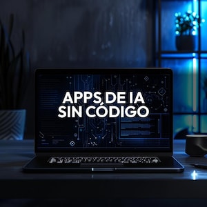 May include: A laptop displaying the text "APPS DE IA SIN CÓDIGO" in white against a blue circuit board design. The laptop is open on a dark desk, with a plant and a mug visible in the background.