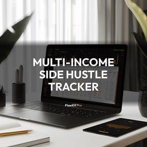 May include: A black laptop displays the text "MULTI-INCOME SIDE HUSTLE TRACKER" on the screen. A tablet and notebook with a pencil are on the white desk. The laptop is open, and the screen shows a spreadsheet.