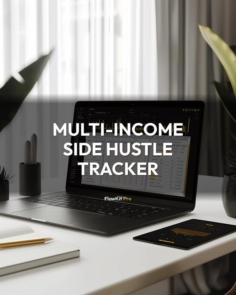 May include: A black laptop displays the text "MULTI-INCOME SIDE HUSTLE TRACKER" on the screen. A tablet and notebook with a pencil are on the white desk. The laptop is open, and the screen shows a spreadsheet.