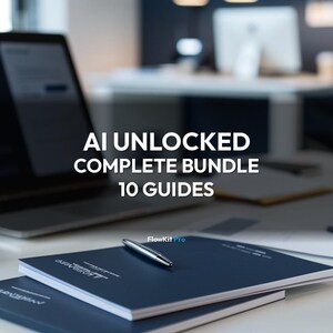 May include: A stack of two navy blue books with a silver pen on top. The text "AI UNLOCKED COMPLETE BUNDLE 10 GUIDES" is displayed in white. The FlowKit Pro logo is visible.